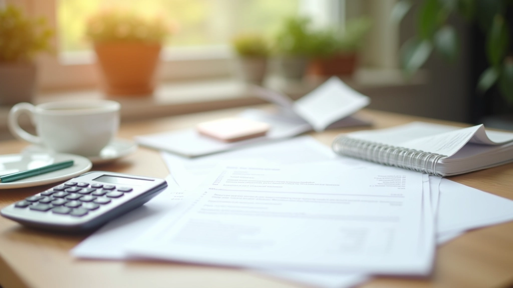 Retirement planning documents and calculator on desk with coffee, financial papers organized