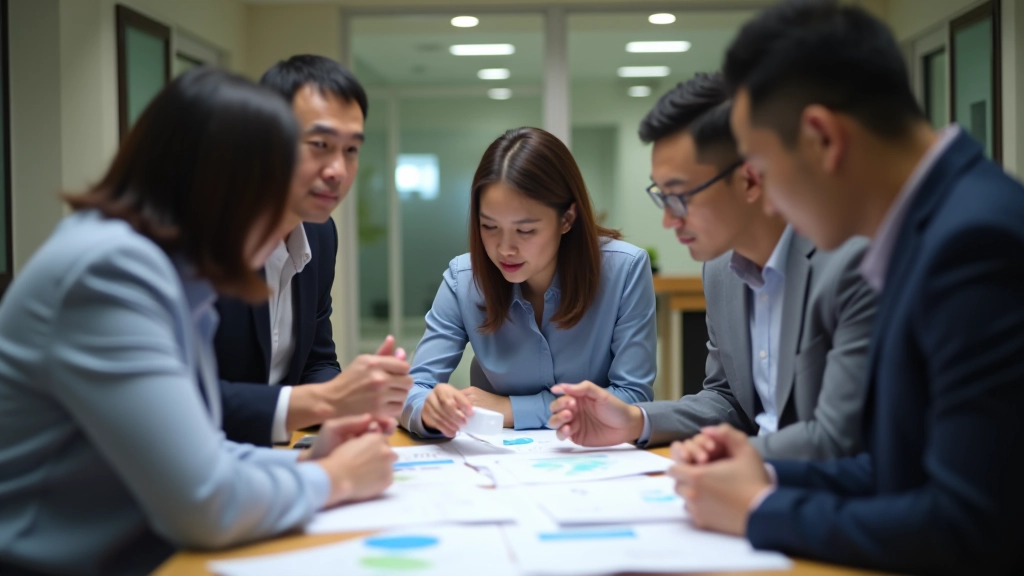 Diverse Malaysian professionals reviewing retirement planning documents and pension analysis charts together in collaborative workspace